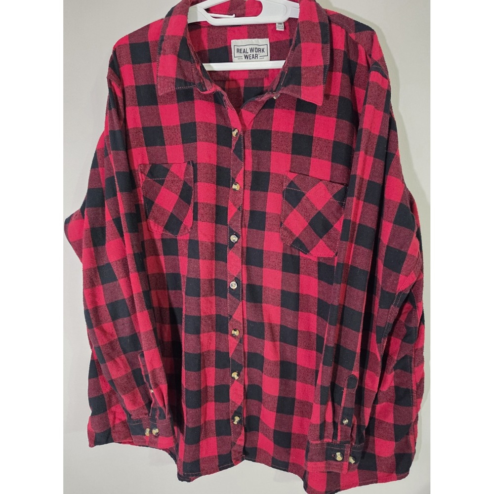 Real Work Wear Mens 3X Red Black Buffalo Plaid Flannel Shirt Comfort Fit